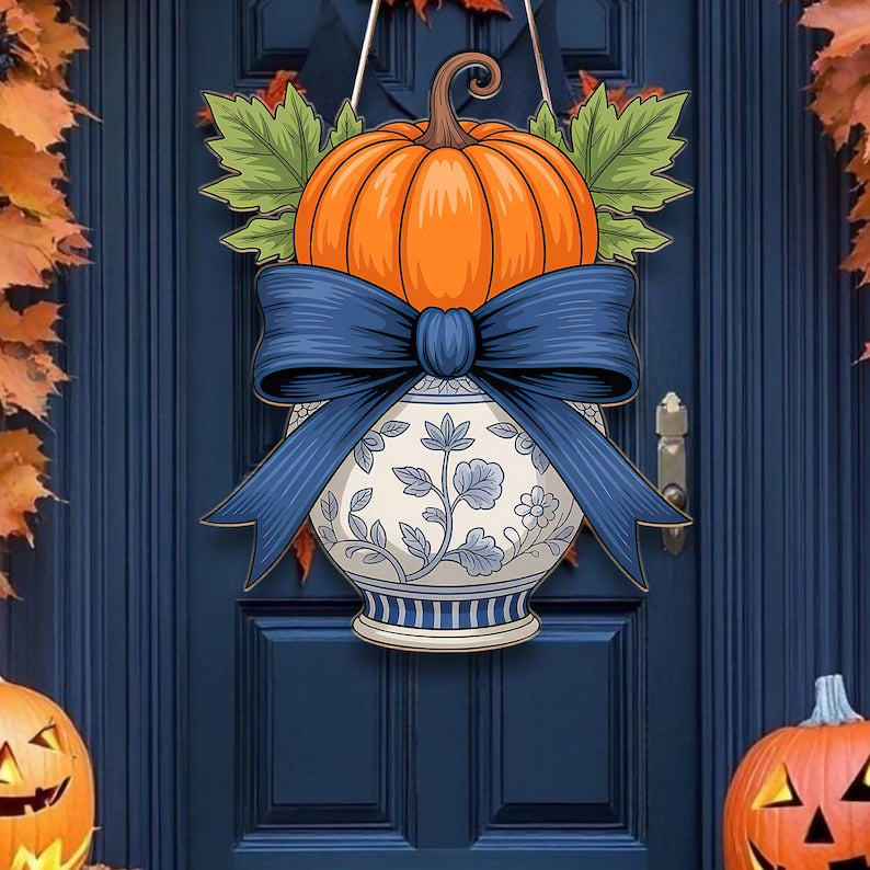 Chinoiserie Pumpkin Door Hanger Blue and White Vase Fall Wreath Alternative Autumn Floral Porch Sign Decor