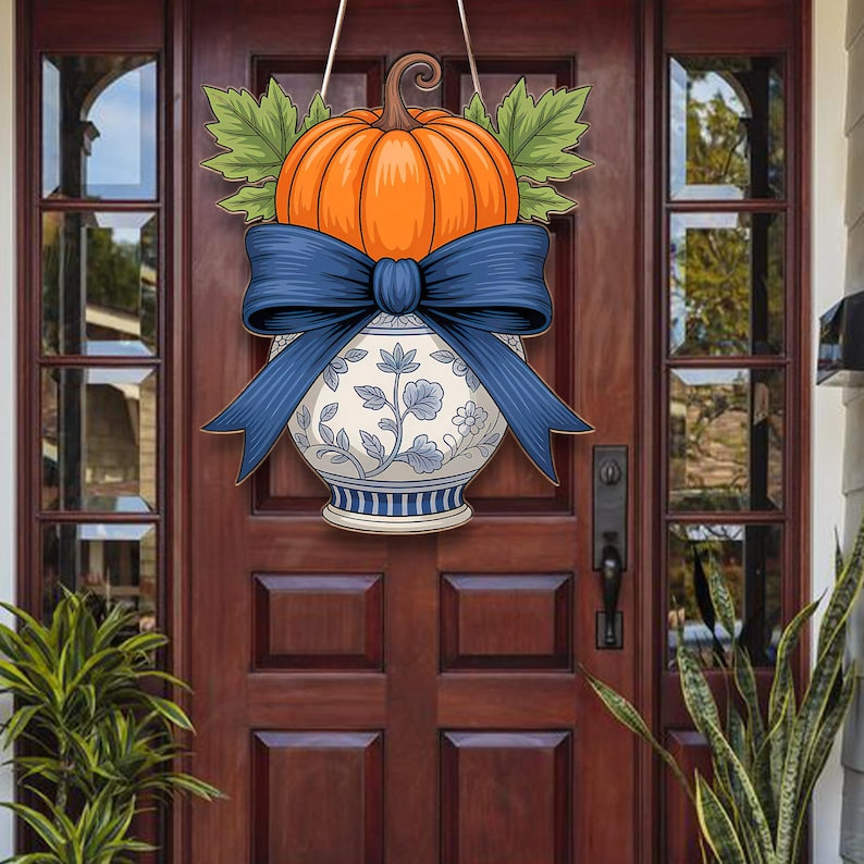 Chinoiserie Pumpkin Door Hanger Blue and White Vase Fall Wreath Alternative Autumn Floral Porch Sign Decor