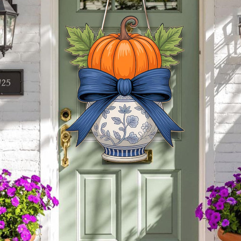 Chinoiserie Pumpkin Door Hanger Blue and White Vase Fall Wreath Alternative Autumn Floral Porch Sign Decor