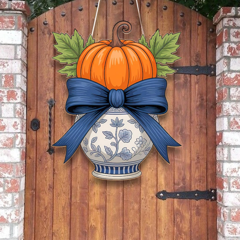 Chinoiserie Pumpkin Door Hanger Blue and White Vase Fall Wreath Alternative Autumn Floral Porch Sign Decor