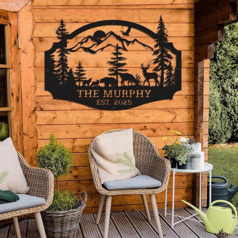 Custom Deer Forest Metal Sign, Personalized Deer Family Name Sign, Bear Sign, Farmhouse Decor, Farm Sign, Outdoor Sign, Deer Buck Metal
