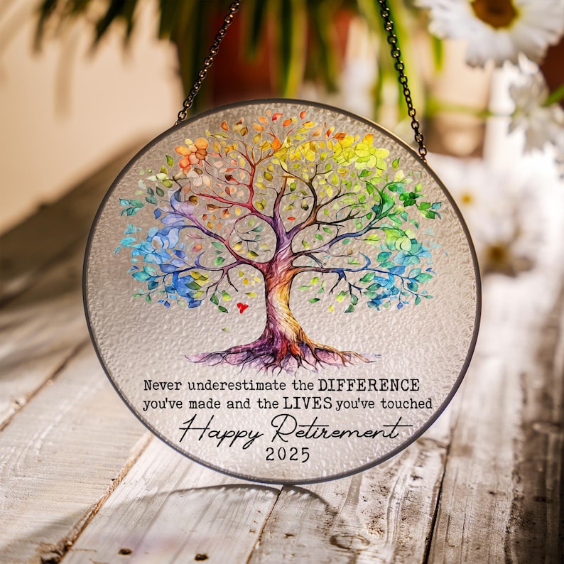 Personalized Retirement Gift: Tree of Life Stained Glass Suncatcher, Colleague Retirement Keepsake, Retired Coworker Christmas