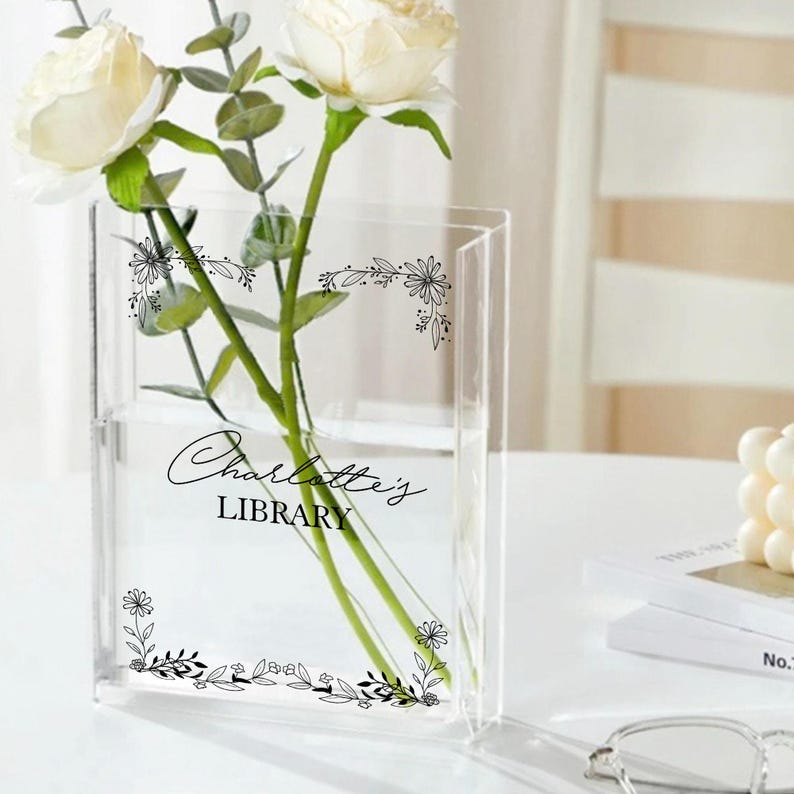 Custom Floral Acrylic Book Vase, Reader Bookshelf Decor Librarian Gift for Book Lovers, Bookworm Gift, Library Sign, Bookish Gift For Her