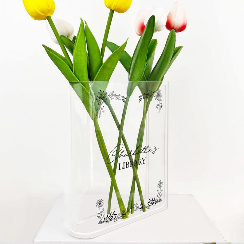 Custom Floral Acrylic Book Vase, Reader Bookshelf Decor Librarian Gift for Book Lovers, Bookworm Gift, Library Sign, Bookish Gift For Her