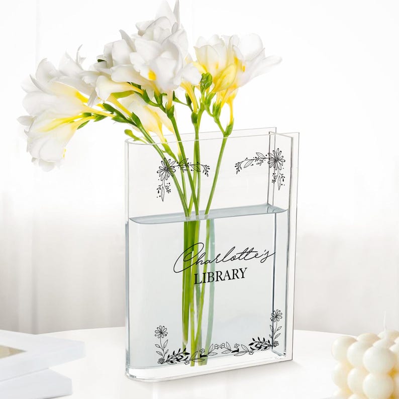 Custom Floral Acrylic Book Vase, Reader Bookshelf Decor Librarian Gift for Book Lovers, Bookworm Gift, Library Sign, Bookish Gift For Her