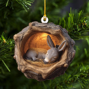 Sleeping Donkey Christmas 2D Flat Wood Ornament Peaceful Animal Ash Plywood Cutout | Cute Holiday Tree Decor Gift for Donkey Lovers