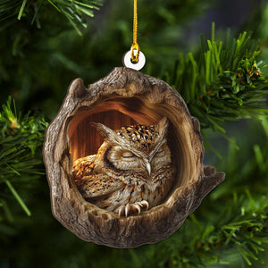 Sleeping Owl Christmas 2D Flat Wood Ornament Peaceful Woodland Bird Ash Plywood Decor | Cute Holiday Tree Gift for Owl & Nature Lovers