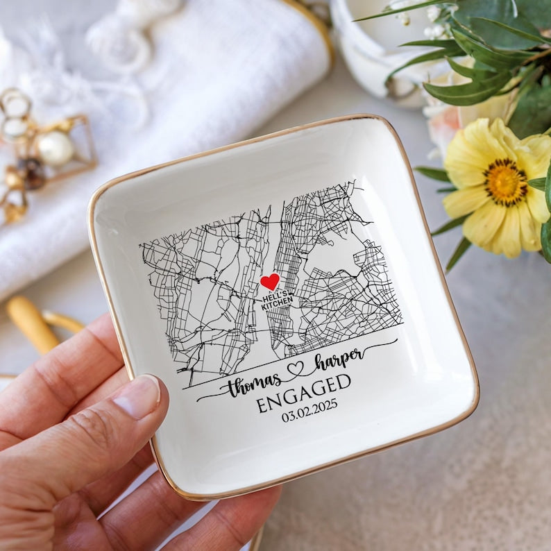 Custom Map Engaged Trinket Dish, Location Engagement Gifts For Couple Jewelry Tray, Ring Dish, Newly Engaged Ring Holder Best Gift For Lover