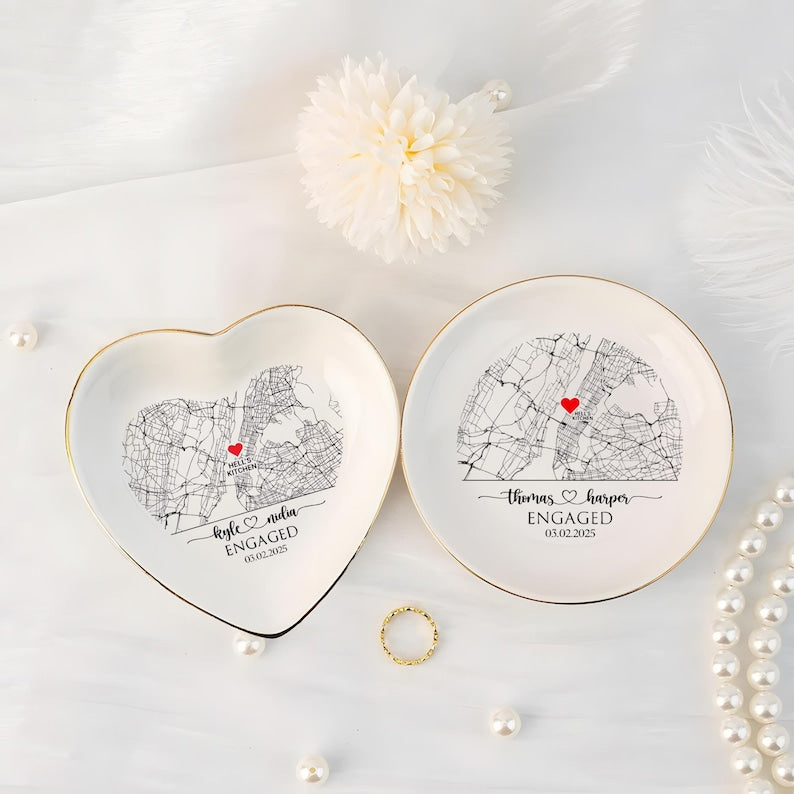Custom Map Engaged Trinket Dish, Location Engagement Gifts For Couple Jewelry Tray, Ring Dish, Newly Engaged Ring Holder Best Gift For Lover