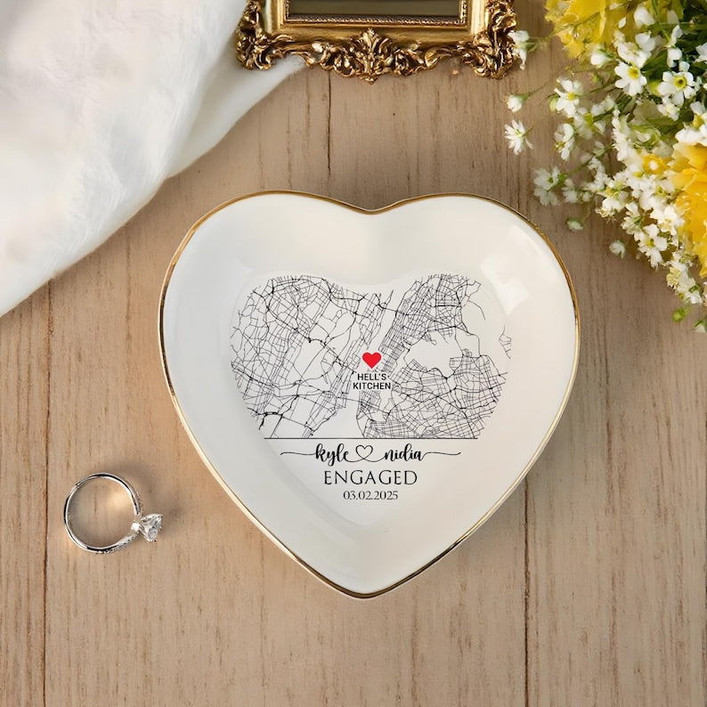Custom Map Engaged Trinket Dish, Location Engagement Gifts For Couple Jewelry Tray, Ring Dish, Newly Engaged Ring Holder Best Gift For Lover