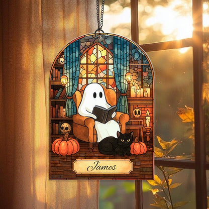Custom Halloween Ghost Reading Book Acrylic Suncatcher Ornament, Ghost and Black Cat Acrylic Window Hanging Decor, Book Lover,Halloween Gift
