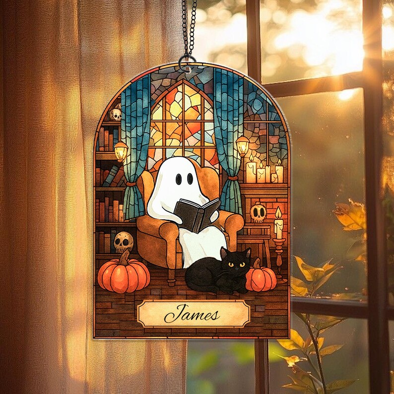 Custom Halloween Ghost Reading Book Acrylic Suncatcher Ornament, Ghost and Black Cat Acrylic Window Hanging Decor, Book Lover,Halloween Gift