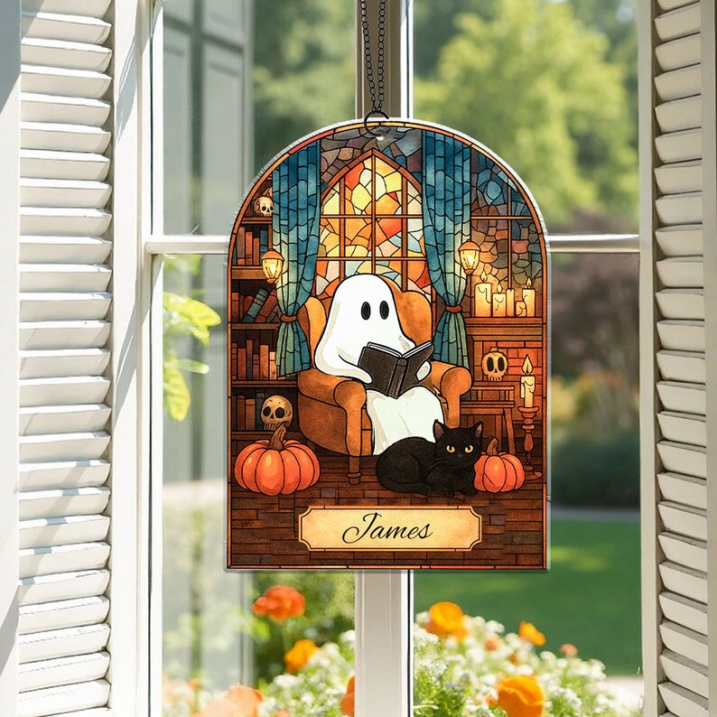 Custom Halloween Ghost Reading Book Acrylic Suncatcher Ornament, Ghost and Black Cat Acrylic Window Hanging Decor, Book Lover,Halloween Gift