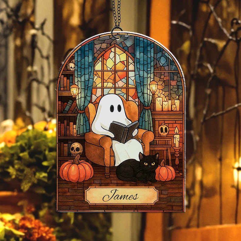 Custom Halloween Ghost Reading Book Acrylic Suncatcher Ornament, Ghost and Black Cat Acrylic Window Hanging Decor, Book Lover,Halloween Gift