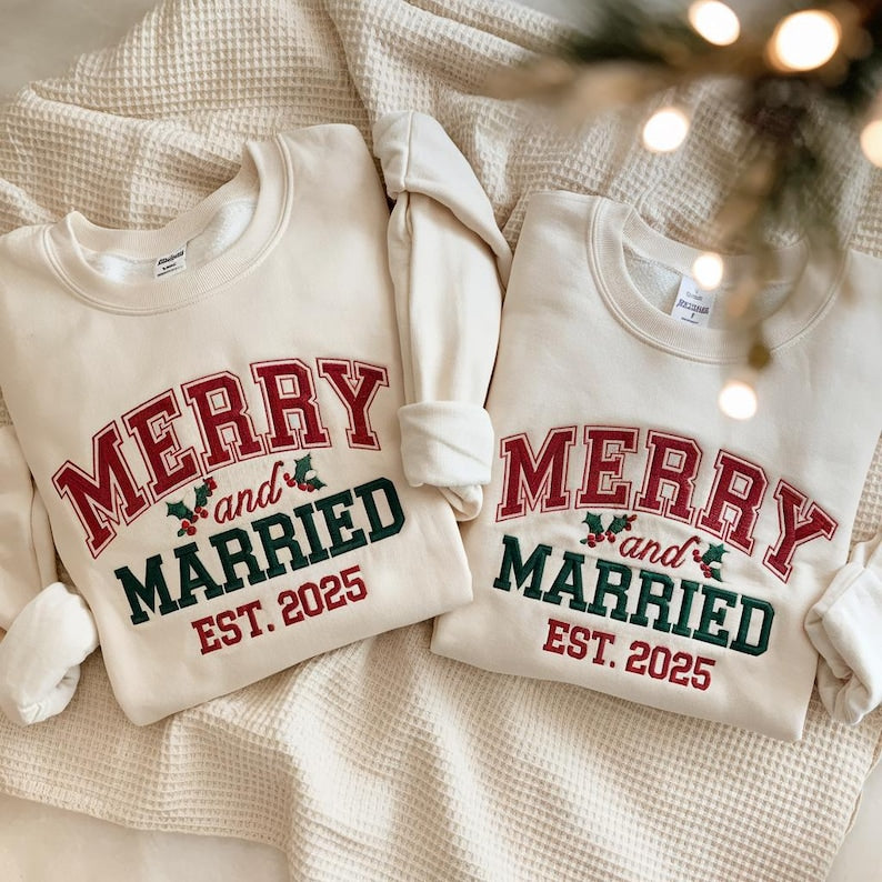 EMBROIDERED Merry and Married Sweatshirt, Christmas Newlywed Matching Couple Sweaters, Christmas Wedding Sweater, Christmas Couple Shirts