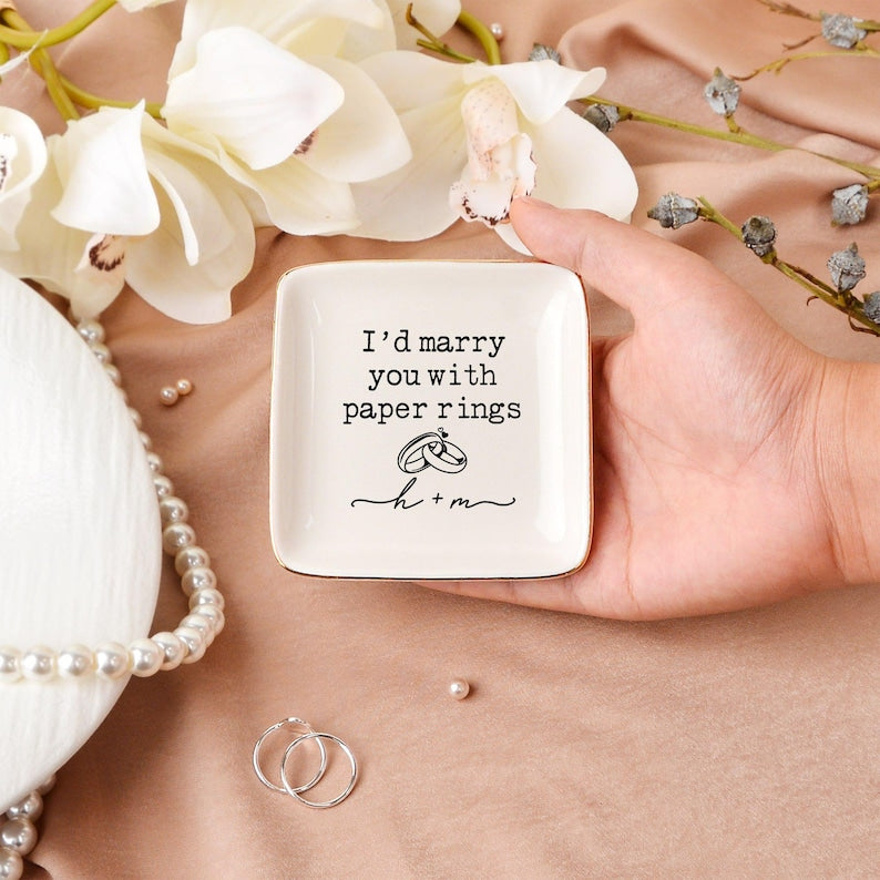 Marry You with Paper Rings Trinket Dish, Wedding Ring Dish, Custom Initials Jewelry Dish for Her, Engagement Anniversary Gift, Bride Gift