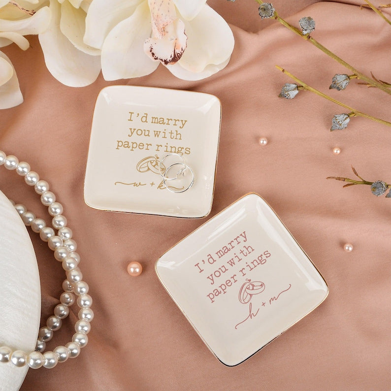 Marry You with Paper Rings Trinket Dish, Wedding Ring Dish, Custom Initials Jewelry Dish for Her, Engagement Anniversary Gift, Bride Gift