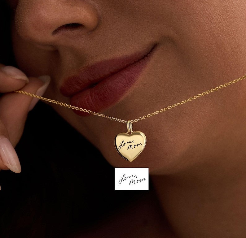 Dainty Actul Handwriting Heart Charm Necklace, Memorial Necklace, Keepsake Necklace, Custom Signature Jewellery, Christmas Gift for Her