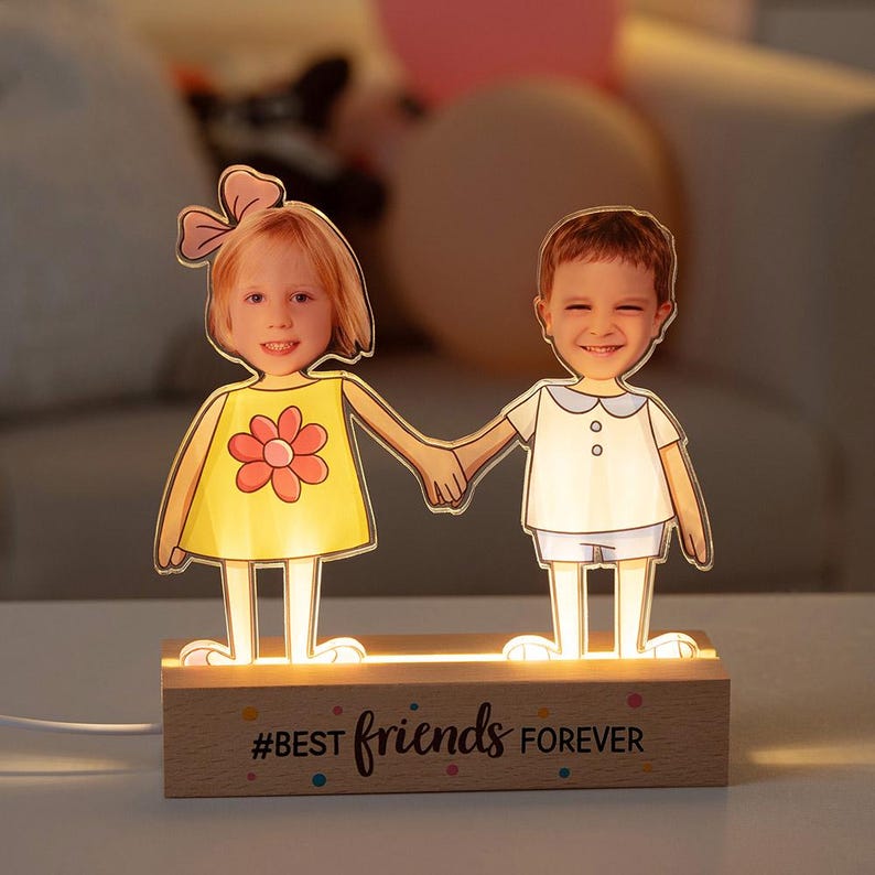 Personalized Best Friends Forever LED Night Light Custom Kid Photos with Wooden Base, Home Decor & Birthday Gift for Boys and Girls