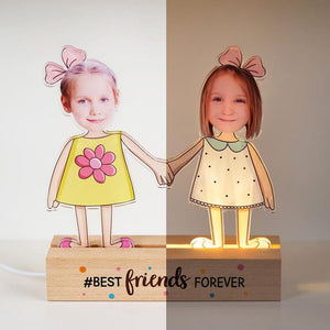Personalized Best Friends Forever LED Night Light Custom Kid Photos with Wooden Base, Home Decor & Birthday Gift for Boys and Girls