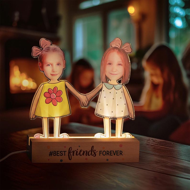 Personalized Best Friends Forever LED Night Light Custom Kid Photos with Wooden Base, Home Decor & Birthday Gift for Boys and Girls