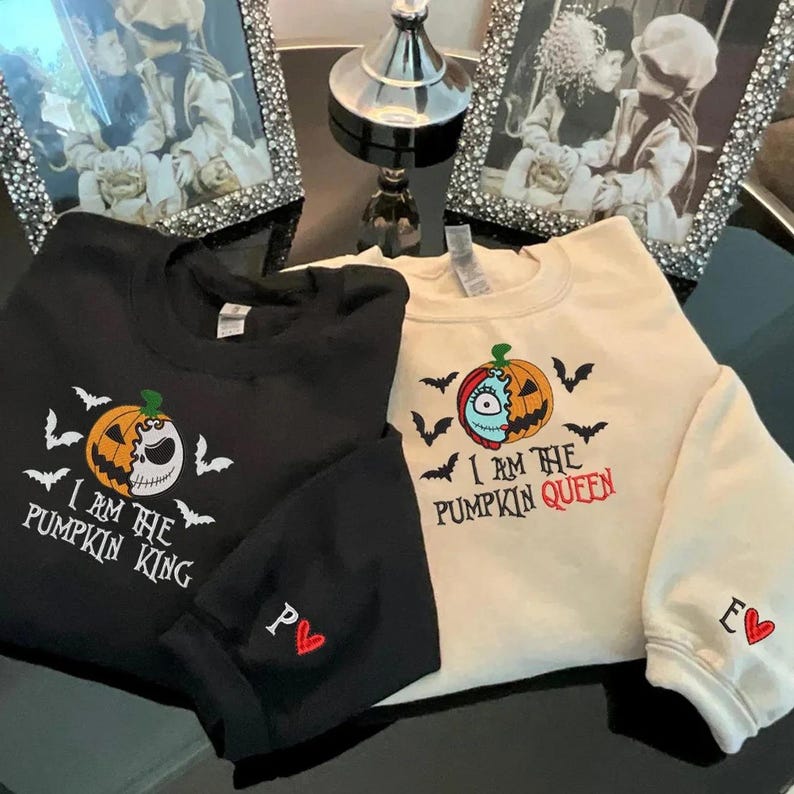 Custom The Pumpkin King & Queen Embroidery Halloween Couple Sweatshirt or Hoodie | Custom Couple Halloween Spooky Embroidered Tshirt il_794xN.7069865119_286s.jpg