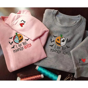 Custom The Pumpkin King & Queen Embroidery Halloween Couple Sweatshirt or Hoodie | Custom Couple Halloween Spooky Embroidered Tshirt il_794xN.7069868075_5jp8.jpg