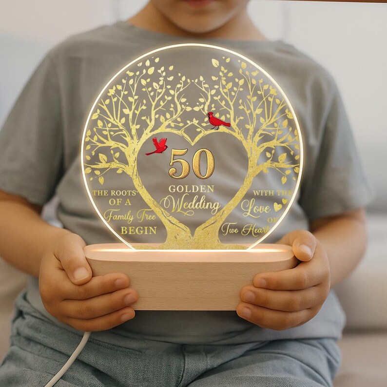 Custom 50th Anniversary Lamp Wooden Base, Golden Wedding Gifts, 50 Year Anniversary Gifts For Parents, 50th Wedding Anniversary Gifts