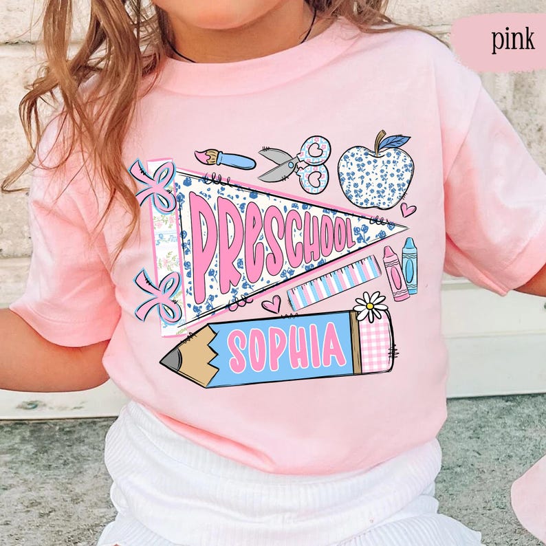 Back to School Girl Shirt Personalized, Custom Name Flag Shirt, Coquette Girls First Day of Prek Kindergarten Shirt, Toddler School Outfit