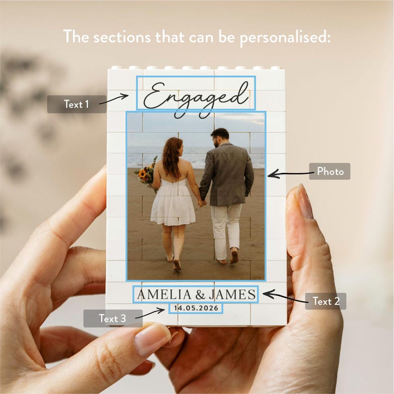 Personalised Engagement Gift For Couple, Custom Photo Building Block Keepsake, Future Wedding Date Memory, Christmas Present, Love Gift