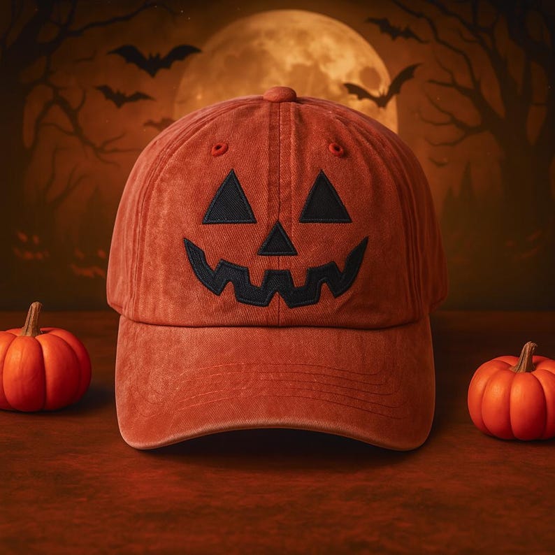 Custom Name Halloween Pumpkin Face Embroidered Hat Orange Jack-O -Lantern Dad Cap Spooky Fall Aesthetic Gift Scary Cute Costume Accessory