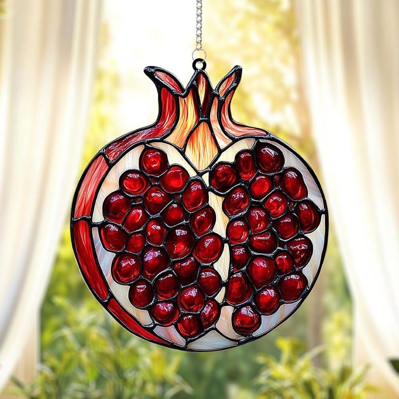Pomegranate Fruit Acrylic Suncatcher, Faux Stained Glass Red Jewel Window Hanging, Mediterranean Kitchen Decor, Rosh Hashanah Gift Idea