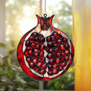 Pomegranate Fruit Acrylic Suncatcher, Faux Stained Glass Red Jewel Window Hanging, Mediterranean Kitchen Decor, Rosh Hashanah Gift Idea