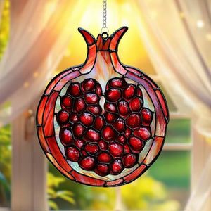 Pomegranate Fruit Acrylic Suncatcher, Faux Stained Glass Red Jewel Window Hanging, Mediterranean Kitchen Decor, Rosh Hashanah Gift Idea