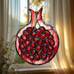 Pomegranate Fruit Acrylic Suncatcher, Faux Stained Glass Red Jewel Window Hanging, Mediterranean Kitchen Decor, Rosh Hashanah Gift Idea