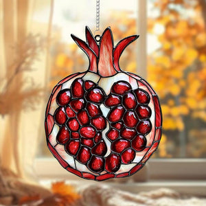 Pomegranate Fruit Acrylic Suncatcher, Faux Stained Glass Red Jewel Window Hanging, Mediterranean Kitchen Decor, Rosh Hashanah Gift Idea