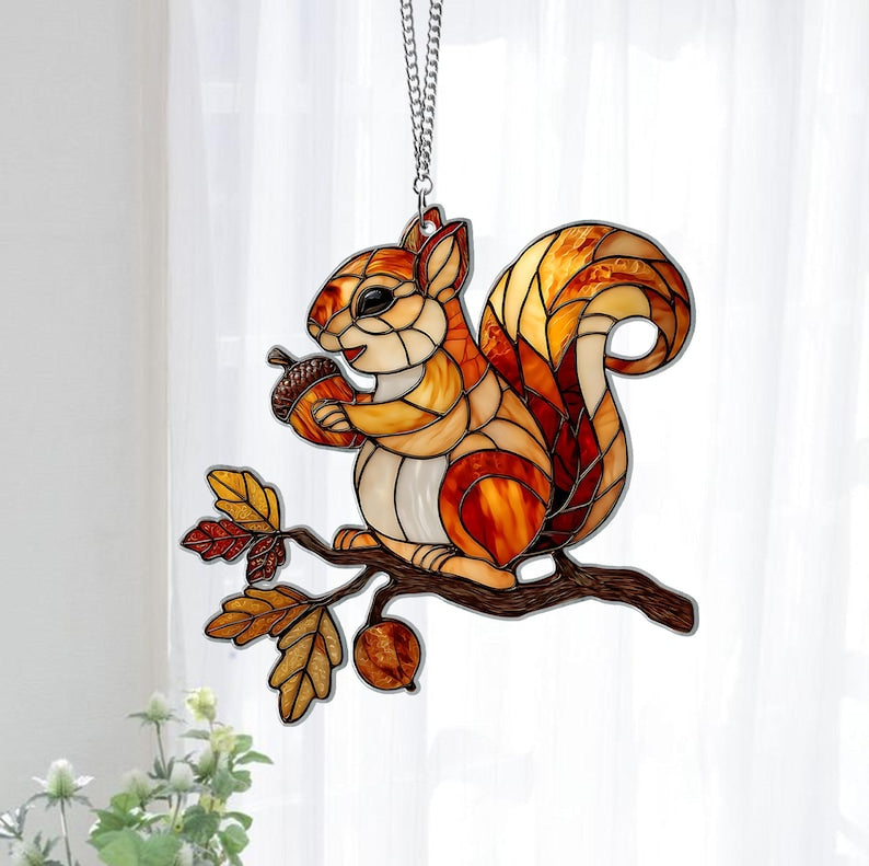 Squirrel Autumn Leaf Hologram Suncatcher, Woodland Animal Decor, Cute Forest Gift, Suncatcher Home Decor, Housewarming Gift for Nature Lover