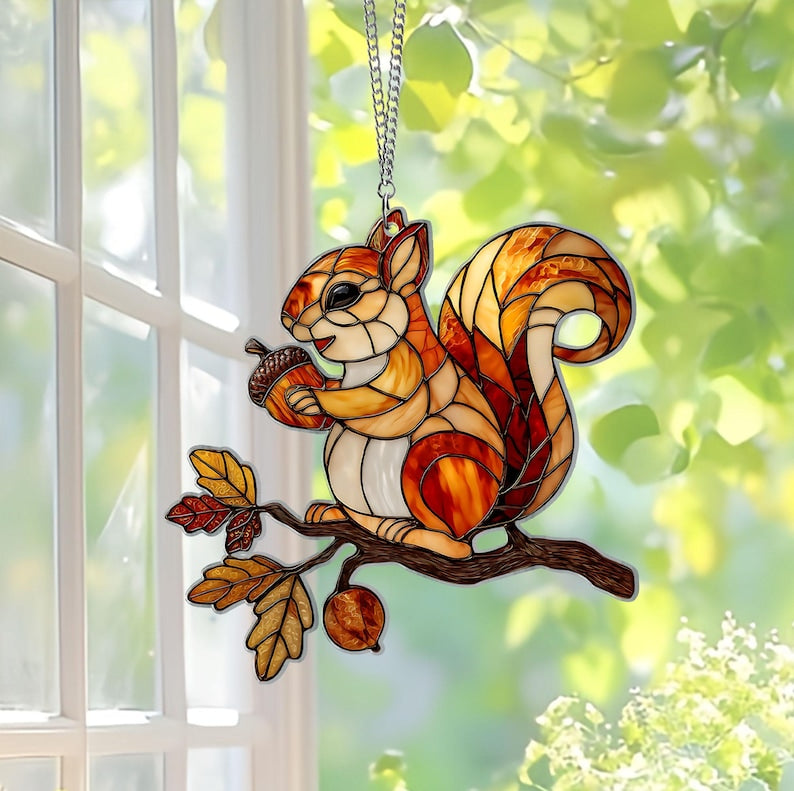 Squirrel Autumn Leaf Hologram Suncatcher, Woodland Animal Decor, Cute Forest Gift, Suncatcher Home Decor, Housewarming Gift for Nature Lover