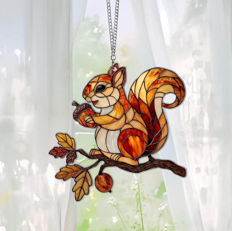 Squirrel Autumn Leaf Hologram Suncatcher, Woodland Animal Decor, Cute Forest Gift, Suncatcher Home Decor, Housewarming Gift for Nature Lover
