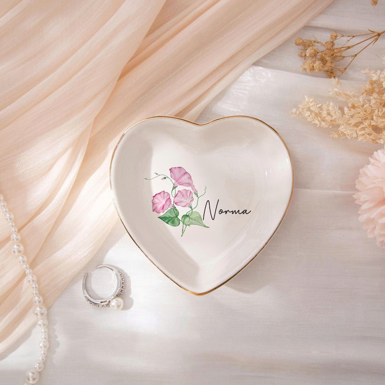 Personalised Birth Flower Trinket Dish, Watercolor Flower Ring Dish, Birthday Jewelry Dish Gift for Friend, Wedding Bridesmaid Gift, Engaged