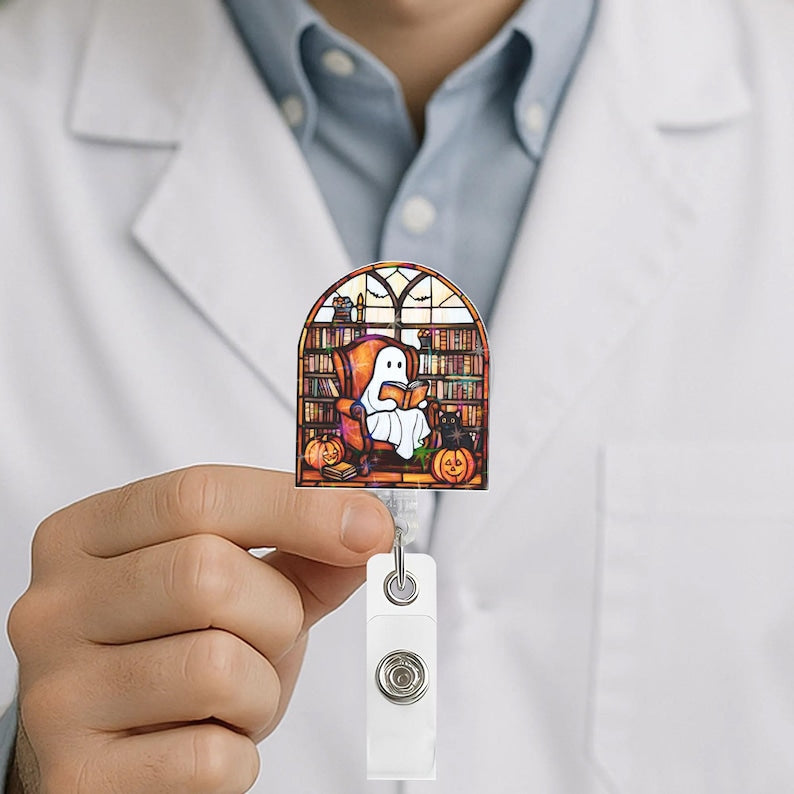 Cozy Ghost Reading Badge Holder, Cute Halloween Library ID Reel With Pumpkins And Cat, Perfect Gift For Coworkers And Book Lovers
