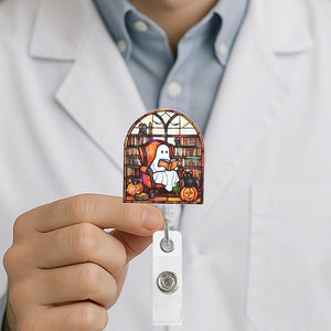 Cozy Ghost Reading Badge Holder, Cute Halloween Library ID Reel With Pumpkins And Cat, Perfect Gift For Coworkers And Book Lovers