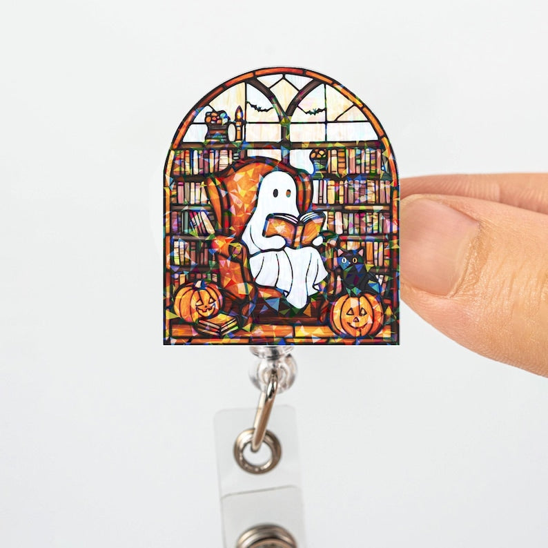 Cozy Ghost Reading Badge Holder, Cute Halloween Library ID Reel With Pumpkins And Cat, Perfect Gift For Coworkers And Book Lovers