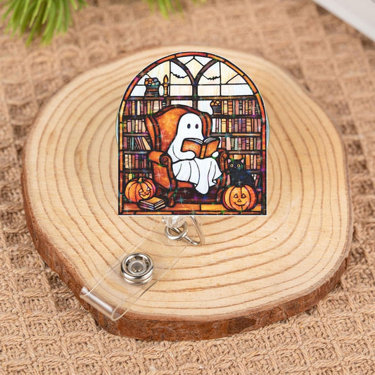 Cozy Ghost Reading Badge Holder, Cute Halloween Library ID Reel With Pumpkins And Cat, Perfect Gift For Coworkers And Book Lovers
