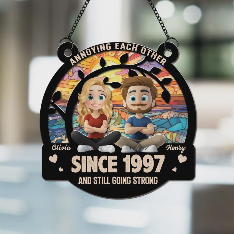 Personalized Anniversary Suncatcher: Custom Couple Gift, Wood & Acrylic