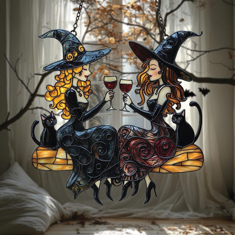 Best Friends Slay Witch Acrylic Window Hanging Faux Stained Glass Suncatcher With Wine Glasses & Cats, Halloween Witchy Decor