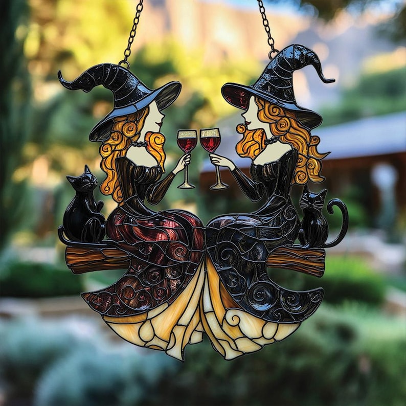 Best Friends Slay Witch Acrylic Window Hanging Faux Stained Glass Suncatcher With Wine Glasses & Cats, Halloween Witchy Decor