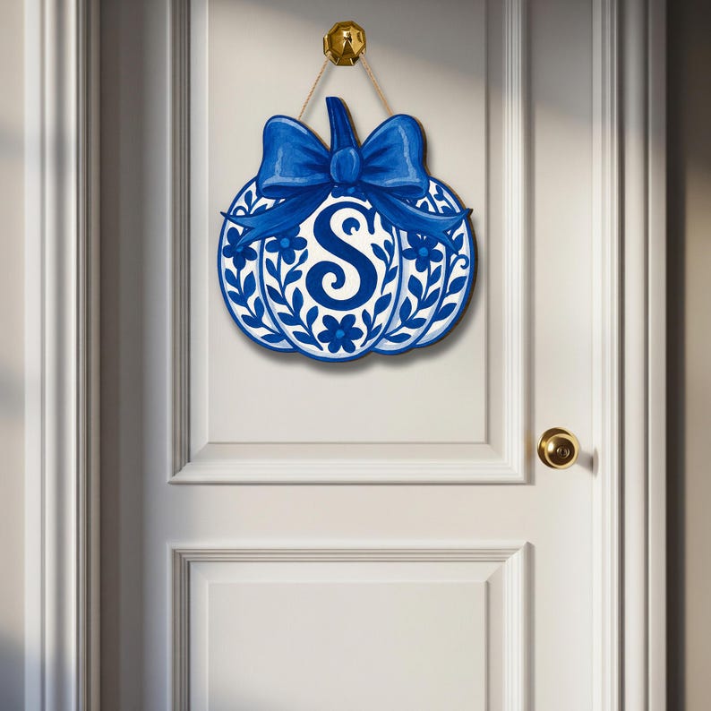 Chinoiserie Pumpkin Door Hanger Personalized Blue Fall Monogram Sign Elegant Front Porch Autumn Decor gift fall sign