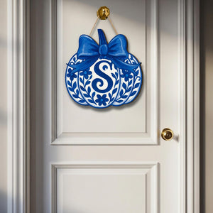 Chinoiserie Pumpkin Door Hanger Personalized Blue Fall Monogram Sign Elegant Front Porch Autumn Decor gift fall sign