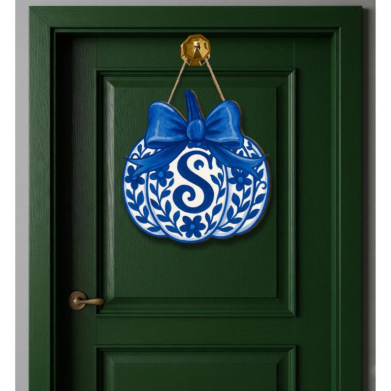 Chinoiserie Pumpkin Door Hanger Personalized Blue Fall Monogram Sign Elegant Front Porch Autumn Decor gift fall sign